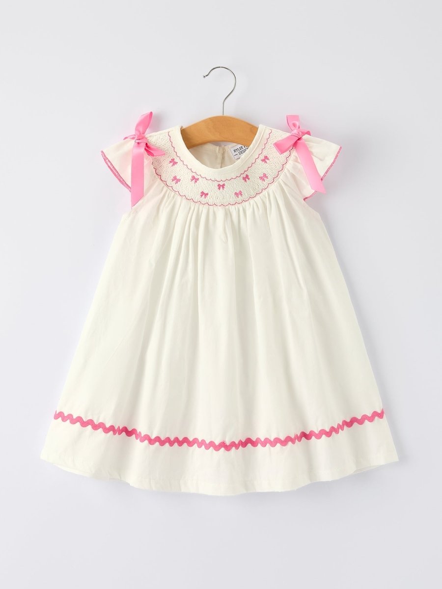 Rylee Faith Designs Fall White Girls Dress with Pink Bow Embroidery - 
