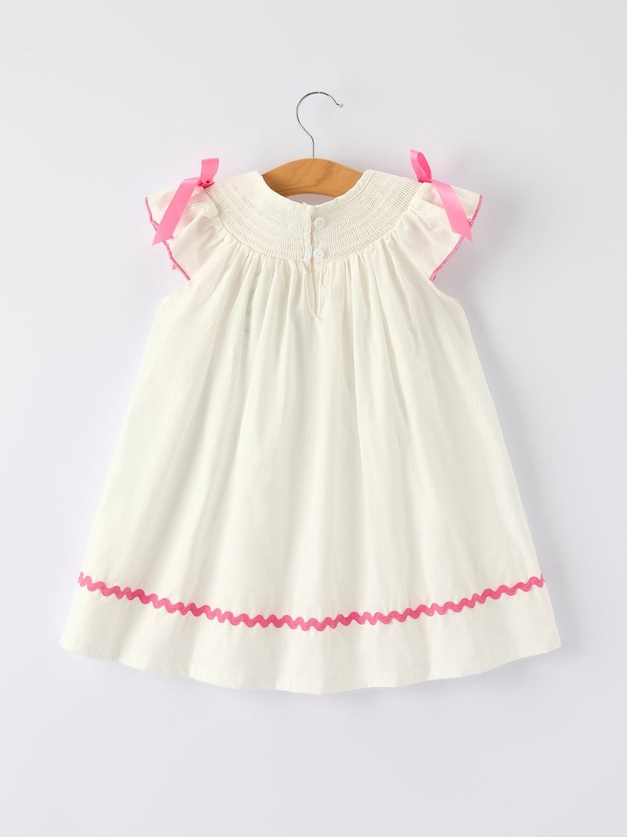 Rylee Faith Designs Fall White Girls Dress with Pink Bow Embroidery - 