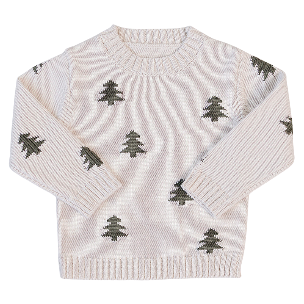 Knit sweater with ivory base and pine tree accents, crew neckline and ribbed cuffs