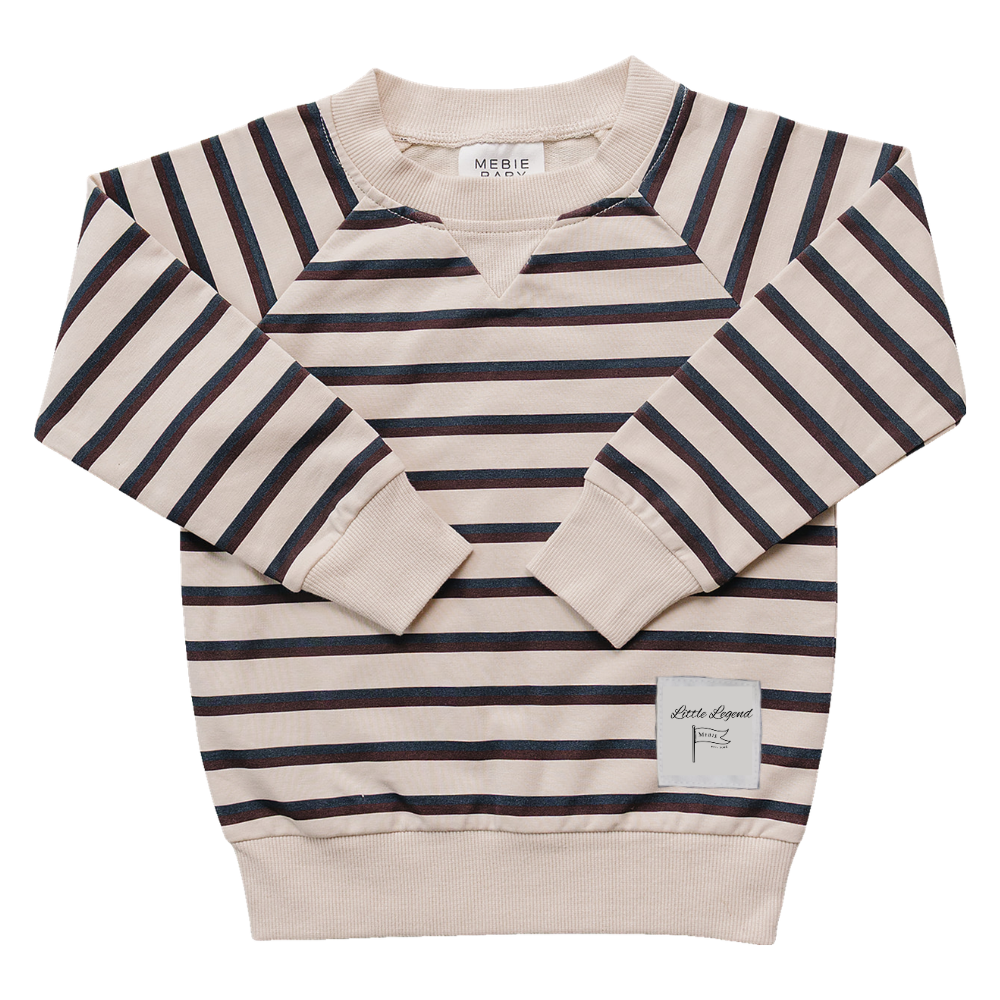 Striped crewneck sweatshirt for baby with a relaxed fit and a small patch at the bottom hem.