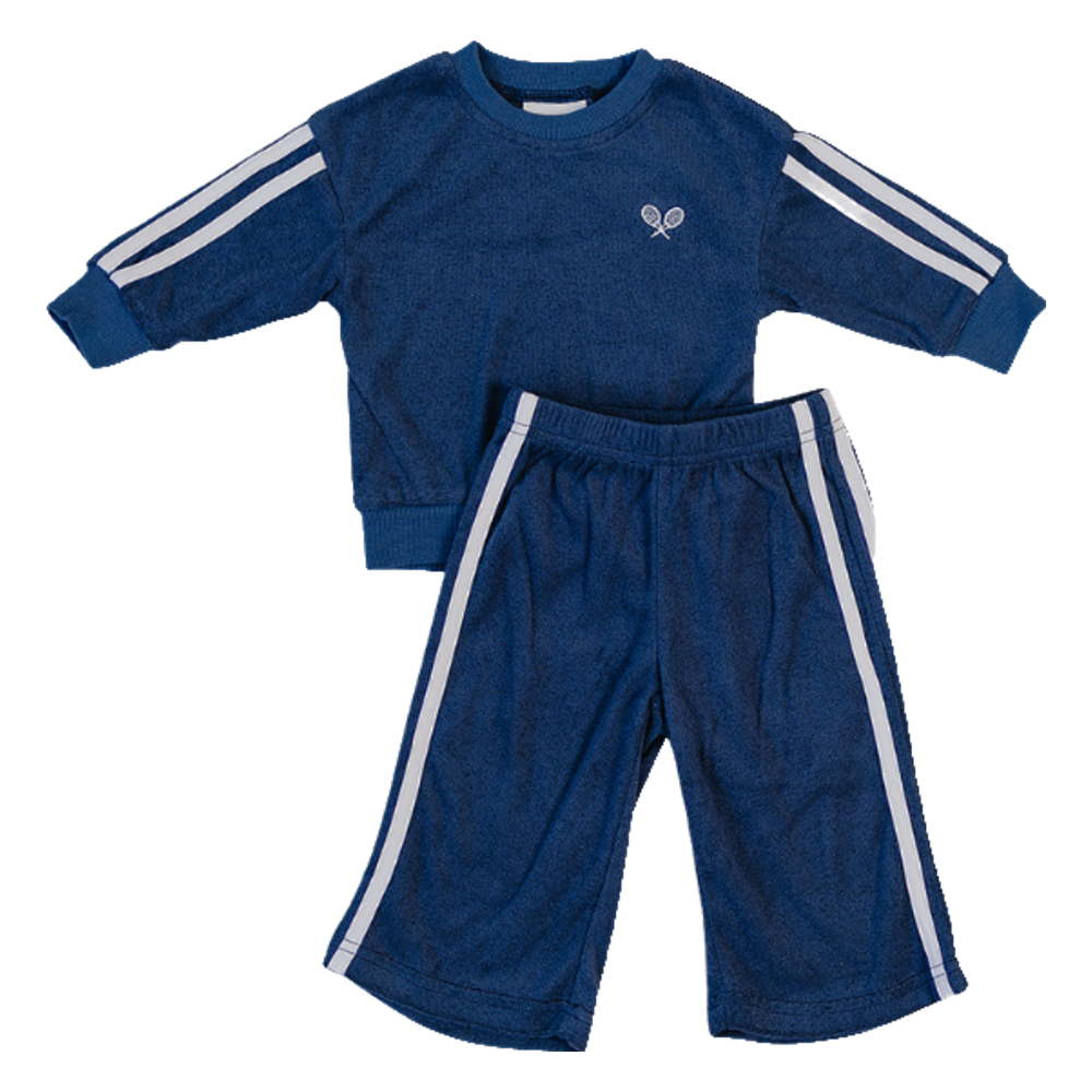 Navy terry cloth two-piece tracksuit set with a top and matching bottoms for a baby.