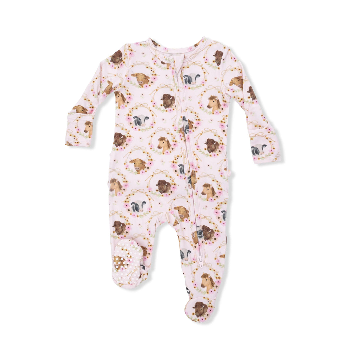 Angel Dear Farm Animals Floral Cameos Pink - 2 Way Ruffle Back Zipper Footie - 
