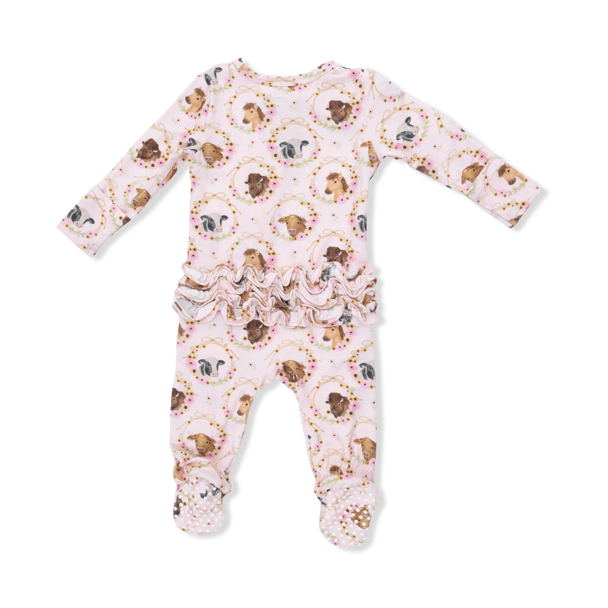 Angel Dear Farm Animals Floral Cameos Pink - 2 Way Ruffle Back Zipper Footie - 