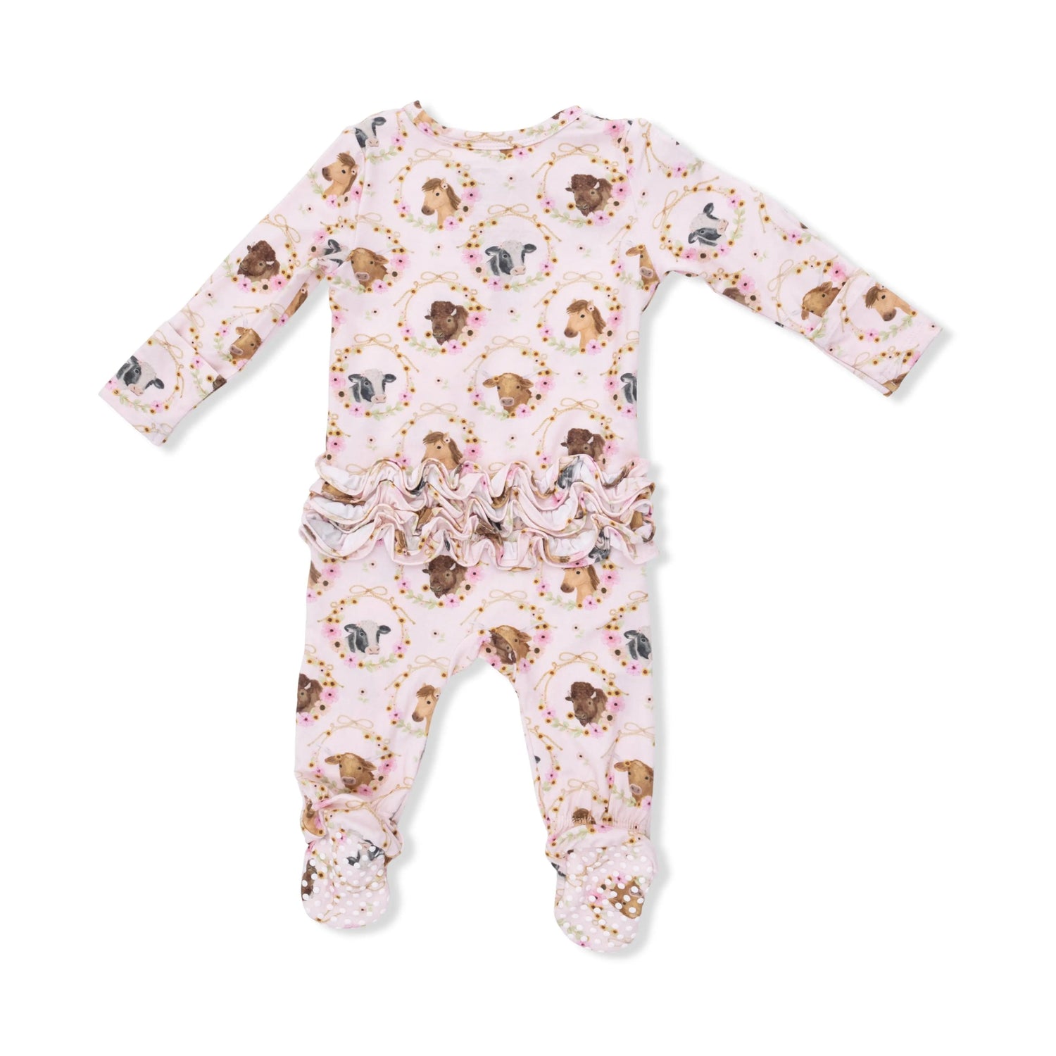 Angel Dear Farm Animals Floral Cameos Pink - 2 Way Ruffle Back Zipper Footie - 
