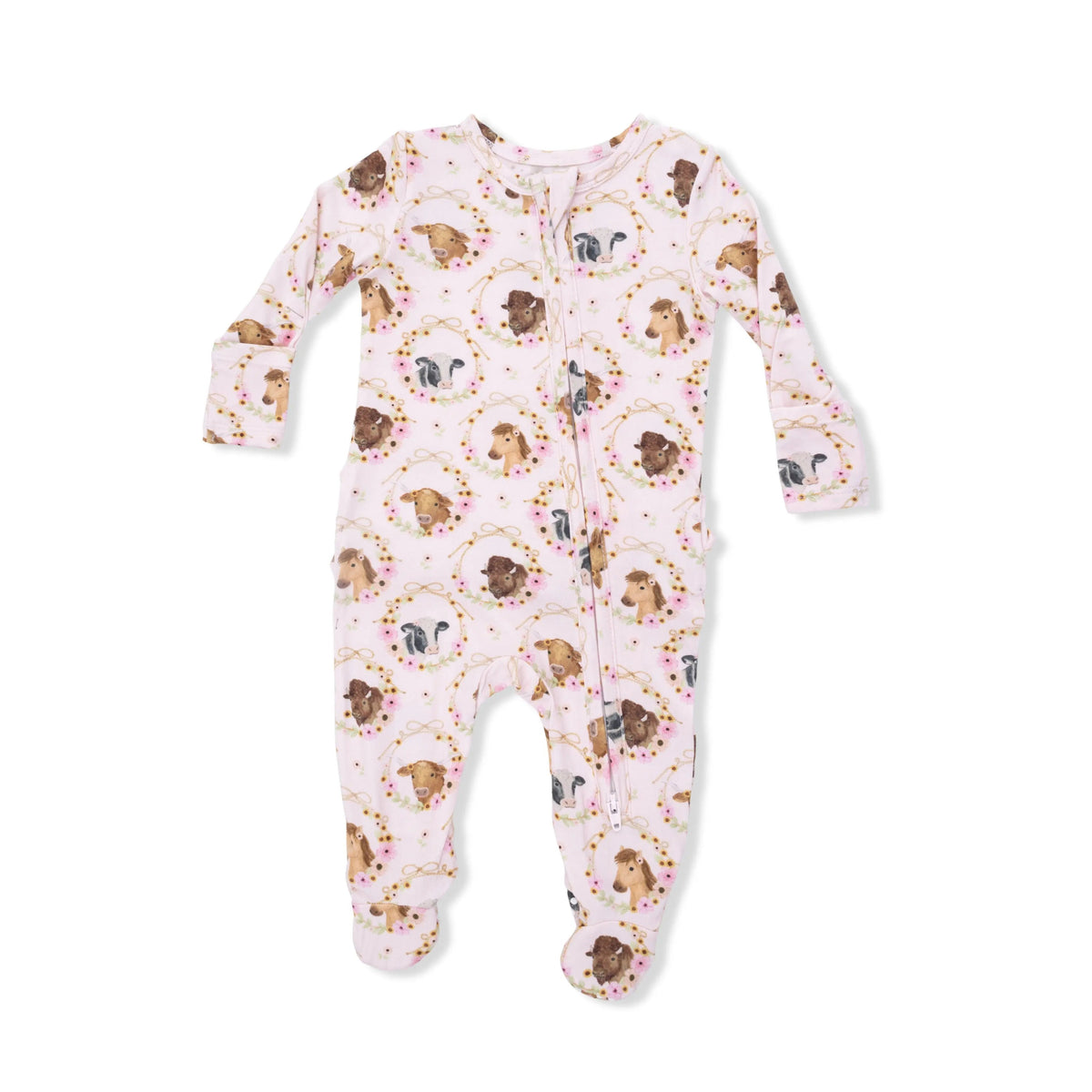 Angel Dear Farm Animals Floral Cameos Pink - 2 Way Ruffle Back Zipper Footie - 