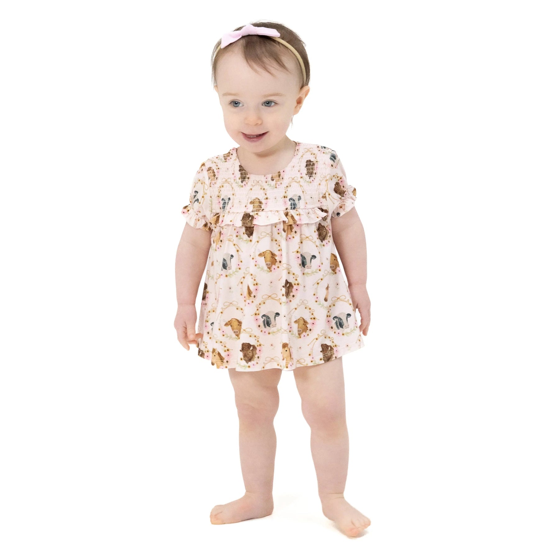 Angel Dear Farm Animals Floral Cameos Pink - Smocked Ruffle Bubble with Skirt - 