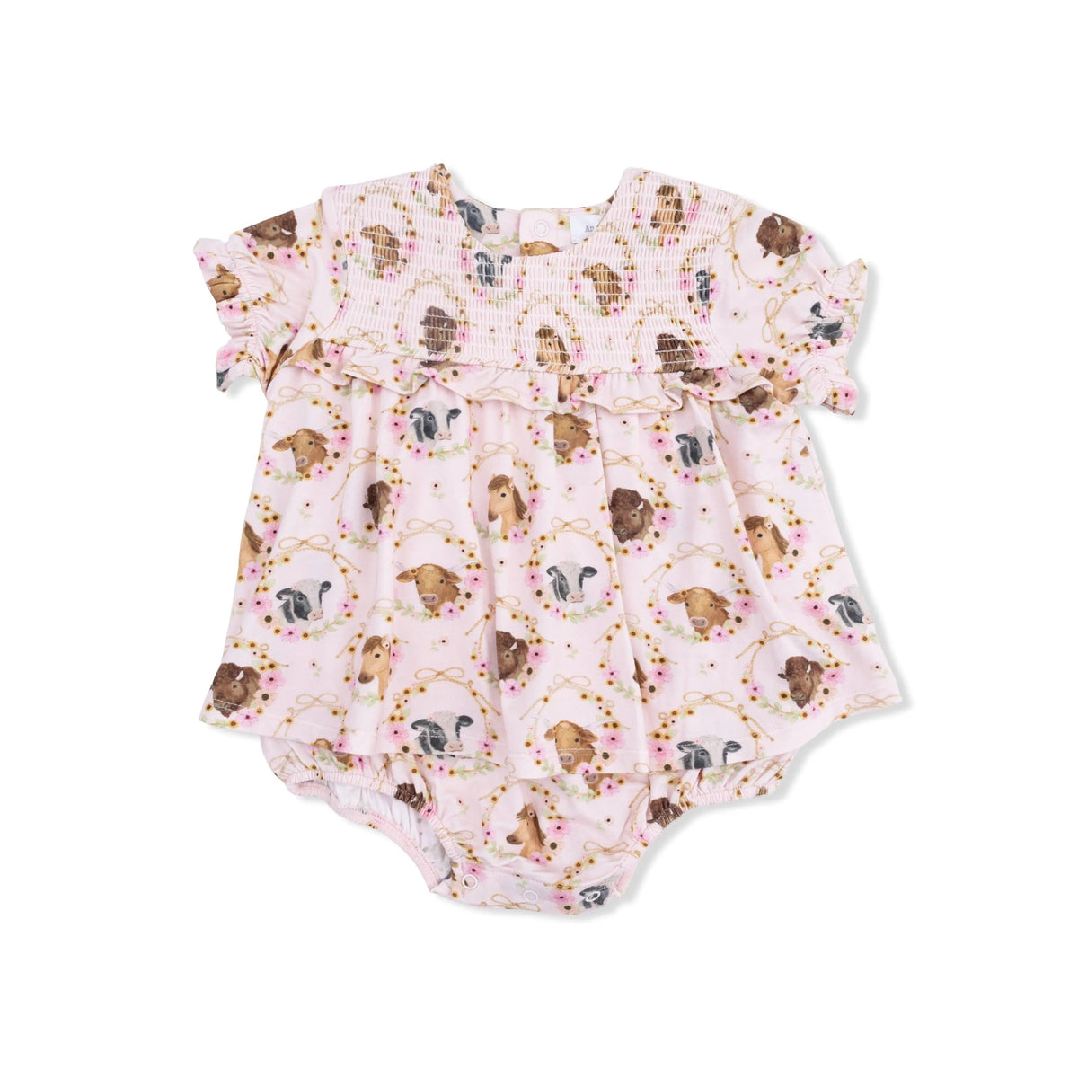 Angel Dear Farm Animals Floral Cameos Pink - Smocked Ruffle Bubble with Skirt - 