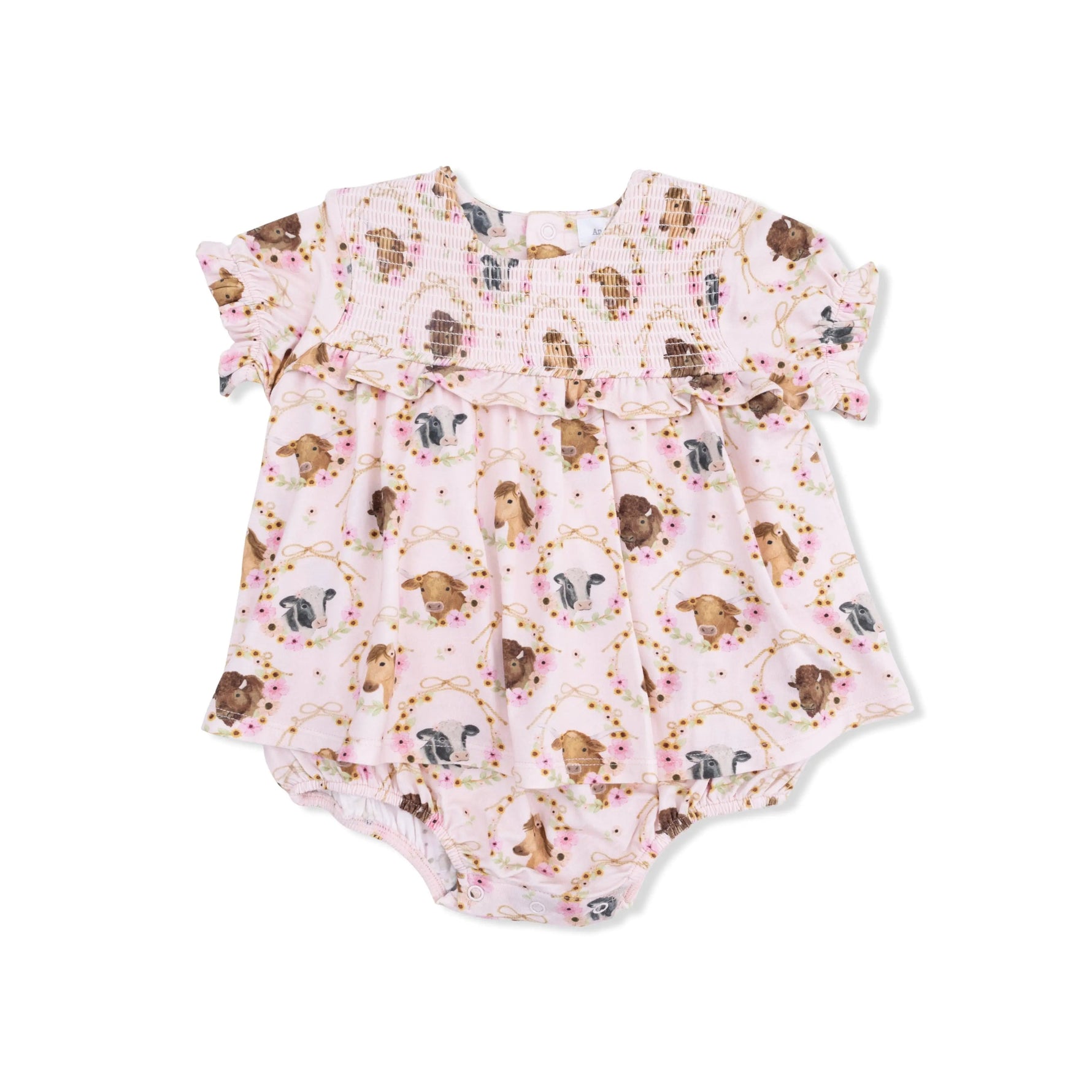 Angel Dear Farm Animals Floral Cameos Pink - Smocked Ruffle Bubble with Skirt - 