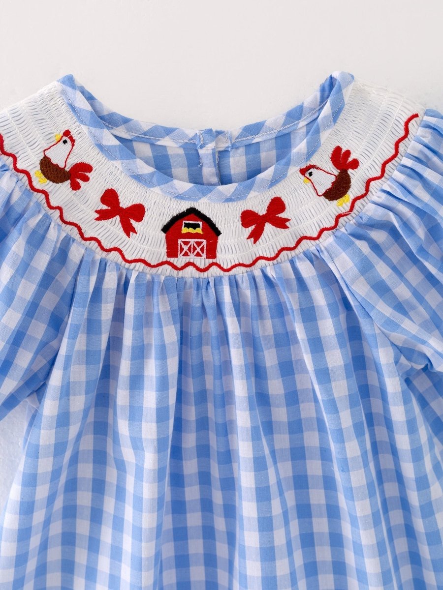 Rylee Faith Designs Farm Blue Smocking Embroidered Girls Dress - 