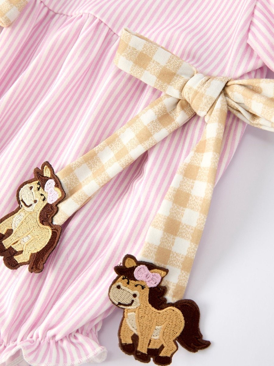 Rylee Faith Designs Farm Horse Bow Baby Girls Romper – Pink Plaid - 