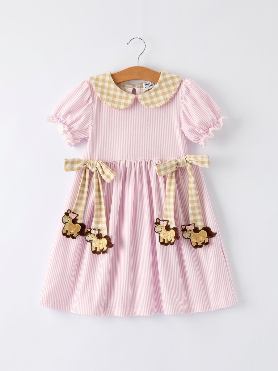 Rylee Faith Designs Farm Horse Bow Girls Dress – Pink Stripes - 