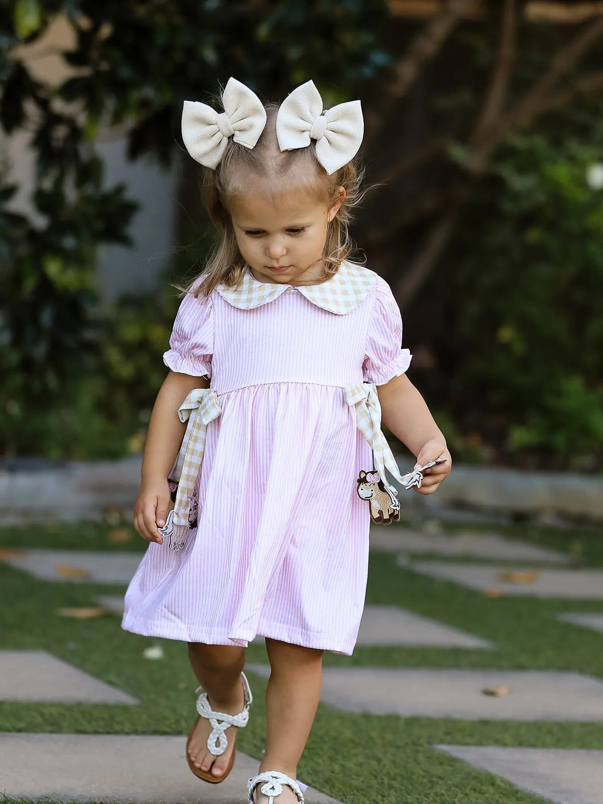 Rylee Faith Designs Farm Horse Bow Girls Dress – Pink Stripes - 