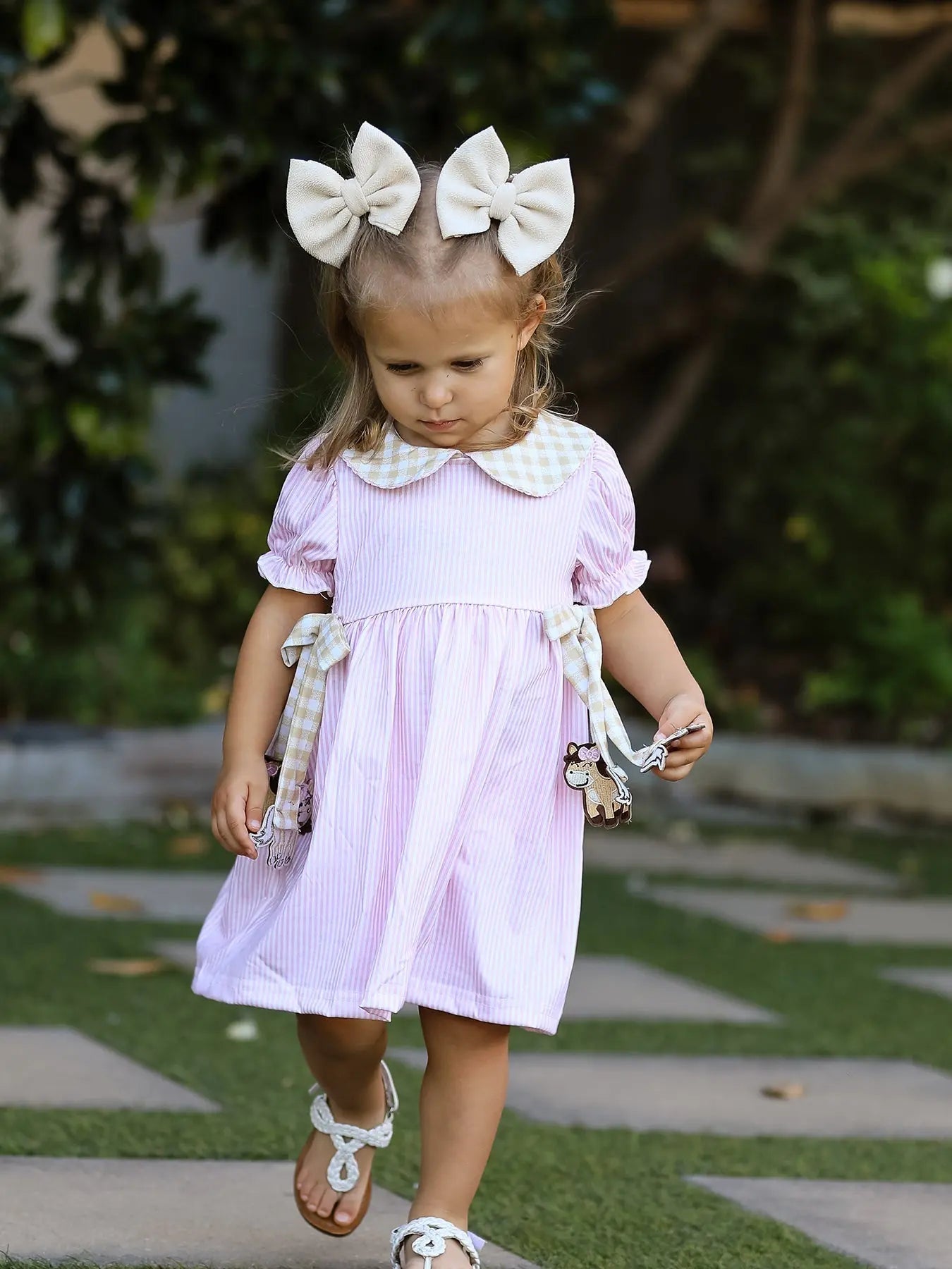 Rylee Faith Designs Farm Horse Bow Girls Dress – Pink Stripes - 