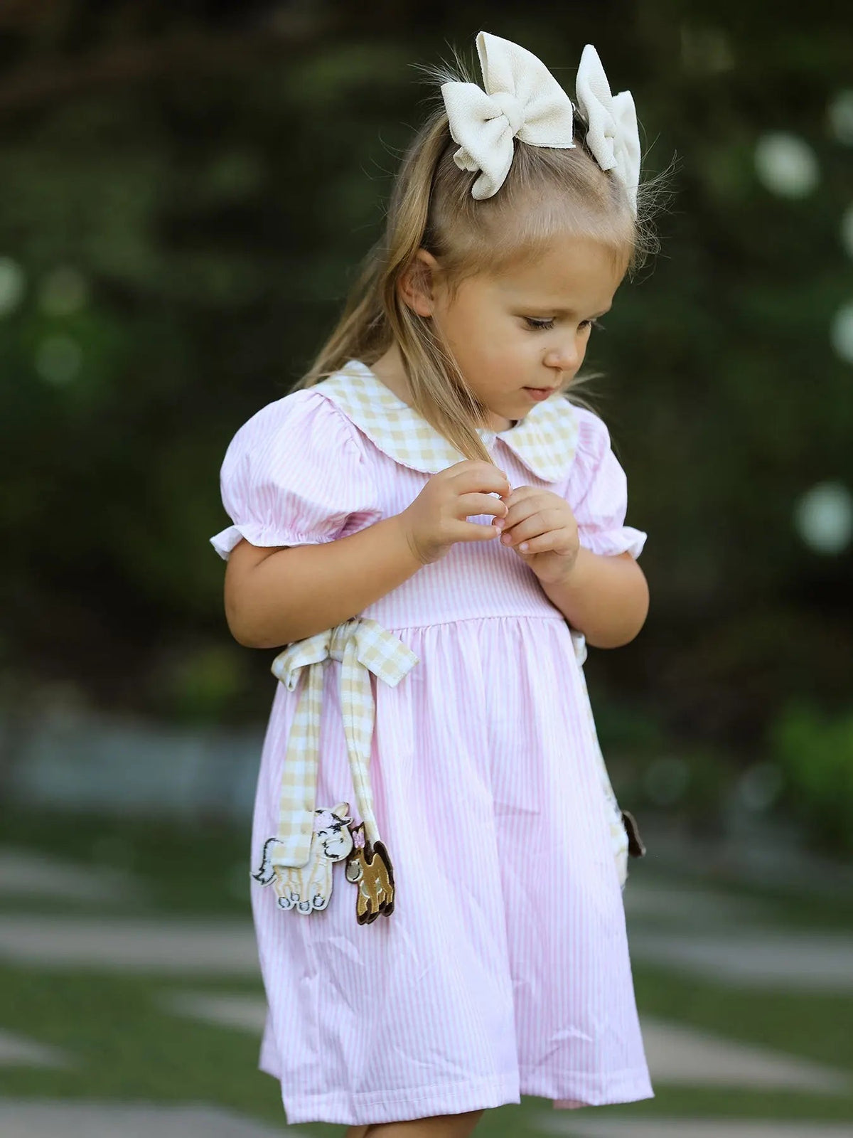 Rylee Faith Designs Farm Horse Bow Girls Dress – Pink Stripes - 