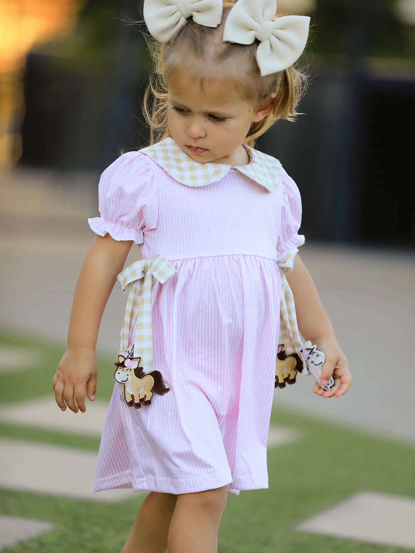 Rylee Faith Designs Farm Horse Bow Girls Dress – Pink Stripes - 