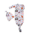 Baby gown with farm animal print and matching hat, featuring fold-over mittens and knotted bottom