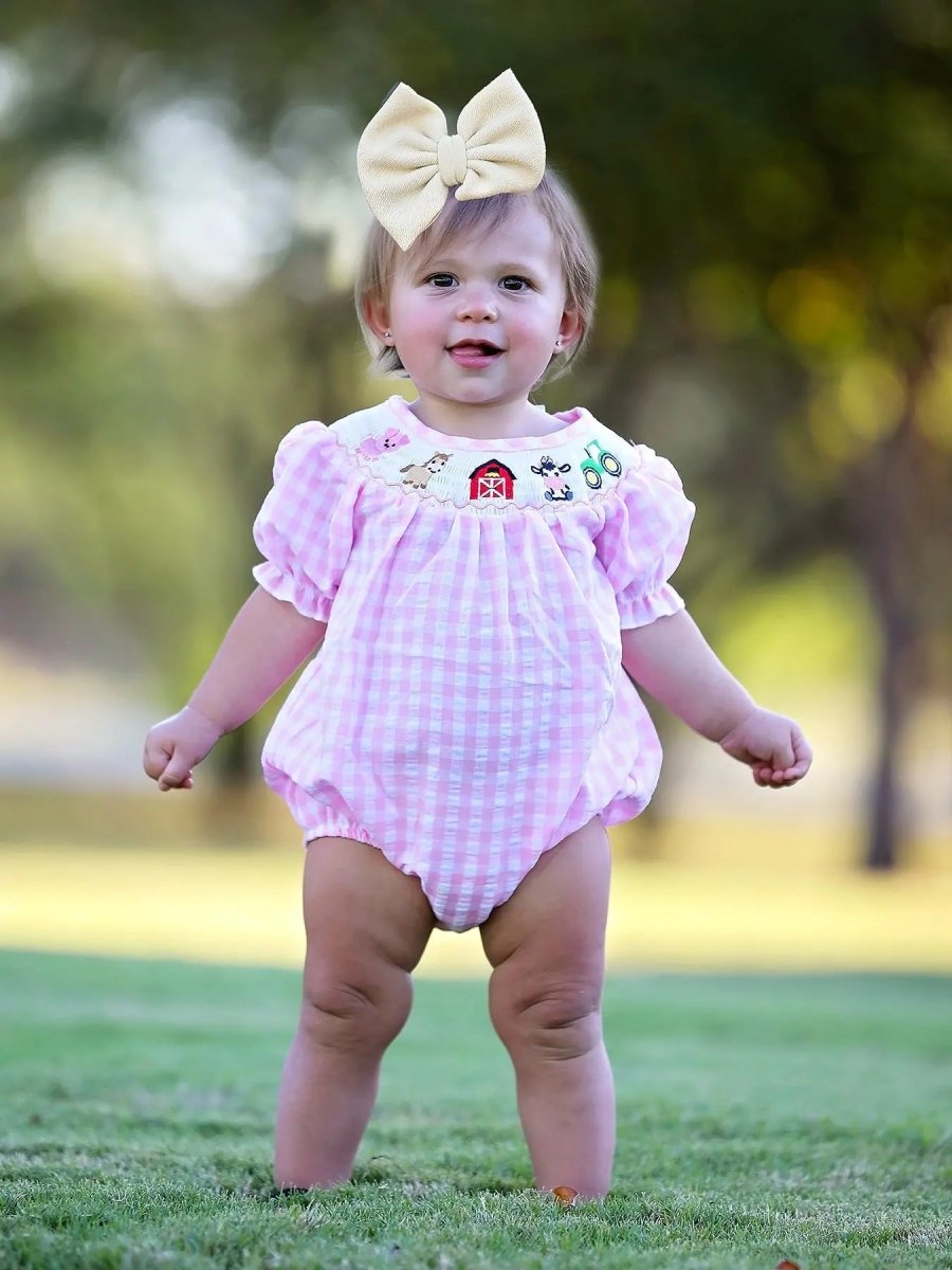 Rylee Faith Designs Farm Pink Smocking Embroidered Girls Romper for Thanksgiving Celebrations - Everetts Place Boutique - 