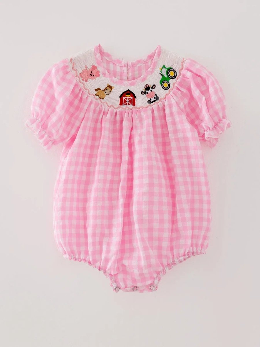 Rylee Faith Designs Farm Pink Smocking Embroidered Girls Romper for Thanksgiving Celebrations - Everetts Place Boutique - 