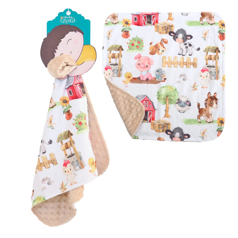 Mini Minky Farm Animals toddler blanket with farm-themed print and soft Minky fabric, ideal for toddlers.