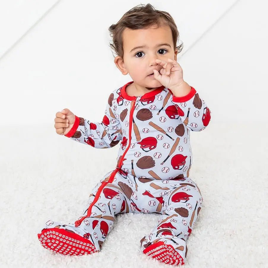 Bestaroo Fastball Footie Bamboo Baby Onesie With Baseball Print And Two Way Zipper - 