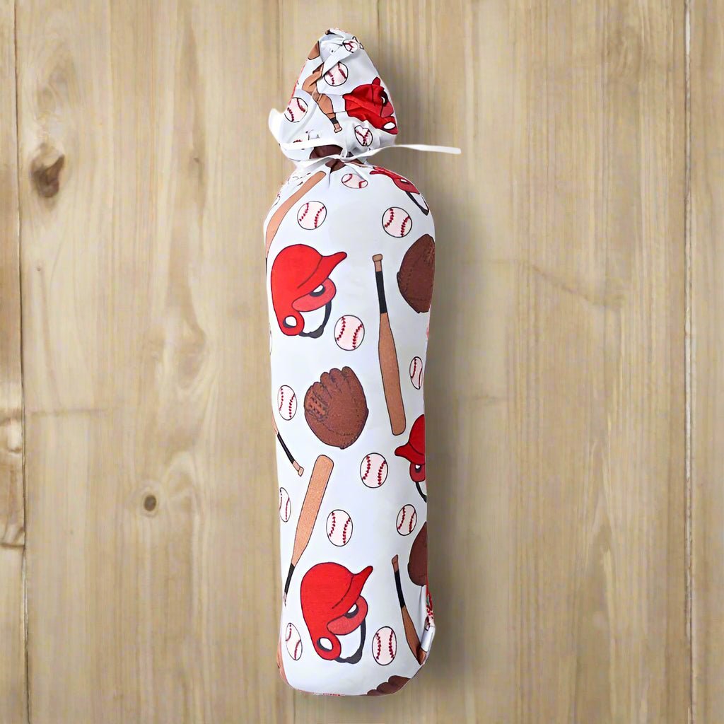 Square baby swaddle blanket with a baseball fastball print in soft neutral tones