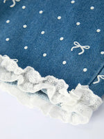 Spring Bow Dot Denim Ruffle Top and Pants Set 3/4 Pants by Rylee Faith Designs
