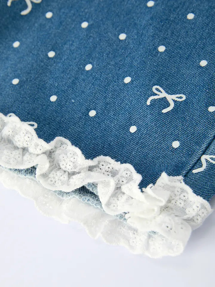 Spring Bow Dot Denim Ruffle Top and Pants Set 3/4 Pants by Rylee Faith Designs