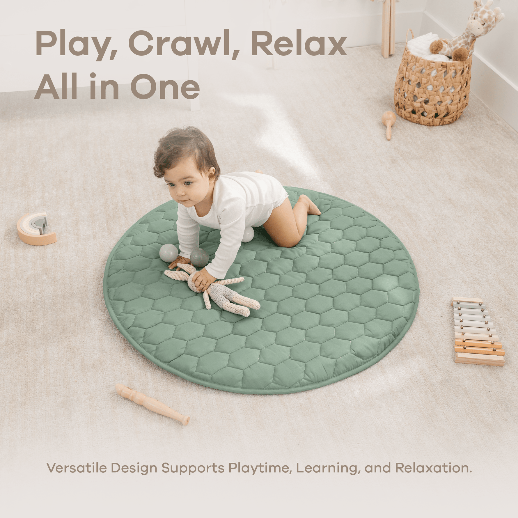 Comfy Cubs Fern Plush Play Mat With Non Slip Bottom For Baby And Toddler - 