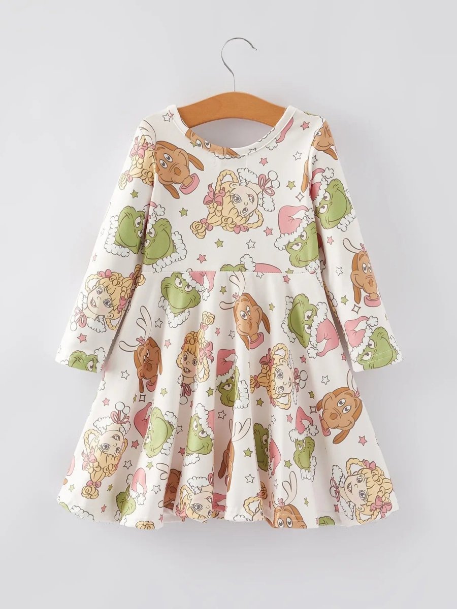 Rylee Faith Designs Festive Christmas Cartoon Characters Print Girls Dress - Everetts Place Boutique - 