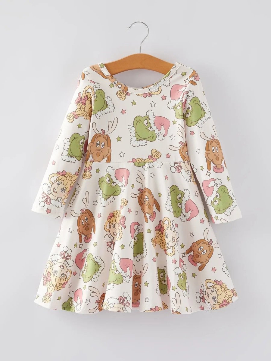 Rylee Faith Designs Festive Christmas Cartoon Characters Print Girls Dress - Everetts Place Boutique - 
