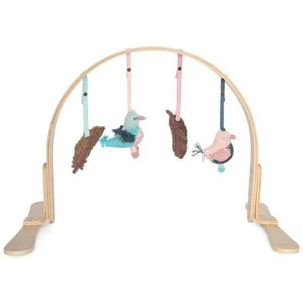 Modern Nursery natural wooden baby play gym with hanging toys.