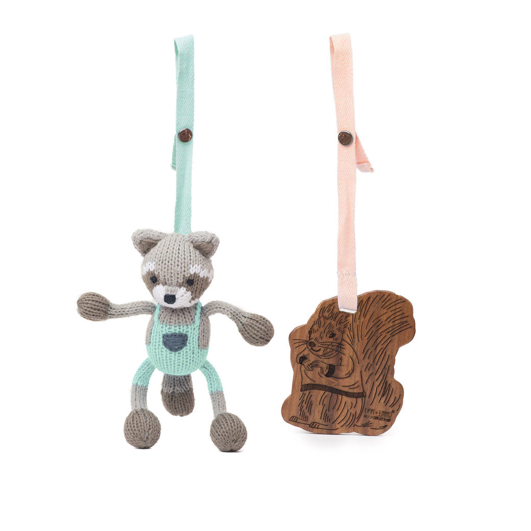 Modern Nursery natural wood baby play gym with organic hanging toys.