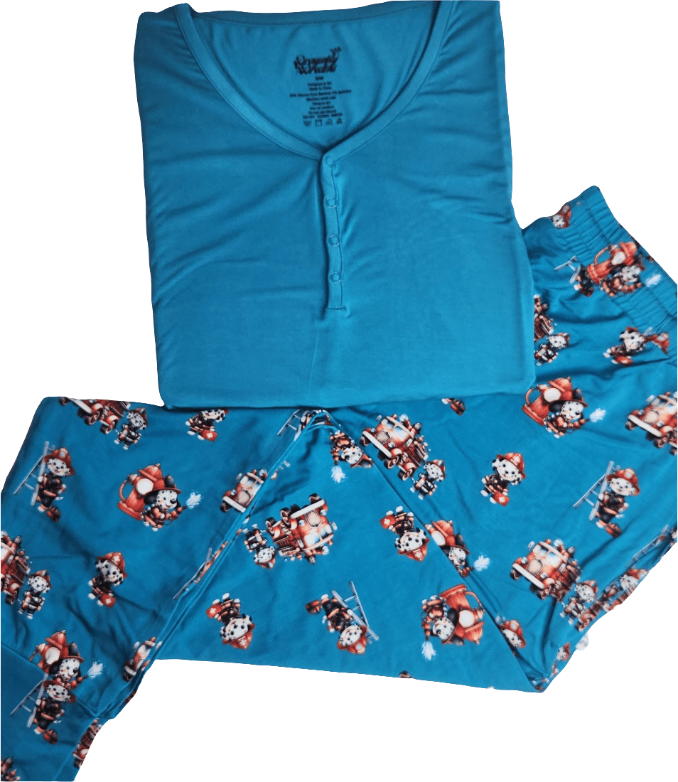 Women's two-piece pajama set with a fire patrol print, button-front long-sleeve top and matching pants.