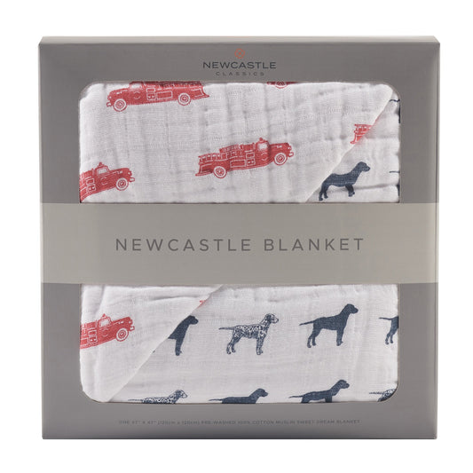Fire Truck And Dalmatian Cotton Muslin Newcastle Blanket Newcastle Classics