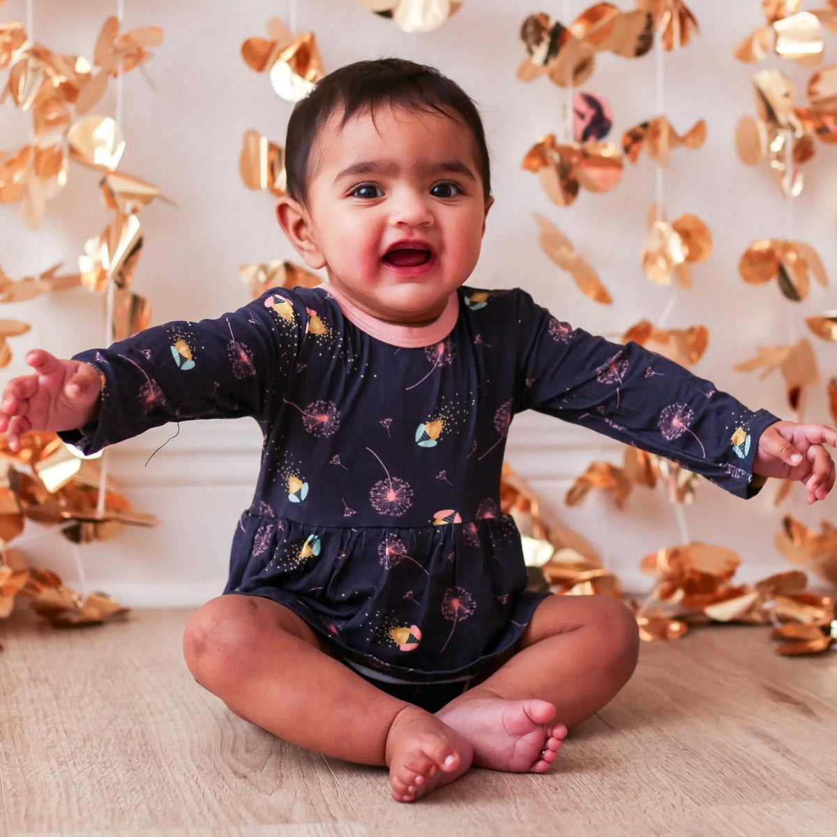 Bestaroo Fireflies Bamboo Bodysuit Dress For Babies With Snap Closure And Long Sleeves - 