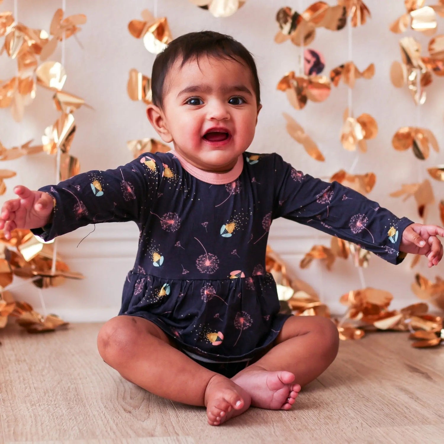 Bestaroo Fireflies Bamboo Bodysuit Dress For Babies With Snap Closure And Long Sleeves - 