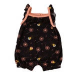 Bubble romper with flutter sleeves in a fireflies print, with snaps along the legs.