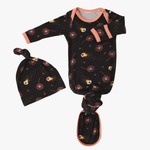Baby gown with fireflies print and fold-over mittens, shown with a matching hat.