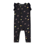 Baby romper with flutter sleeves in a fireflies print, featuring dual front zippers for easy diaper changes.