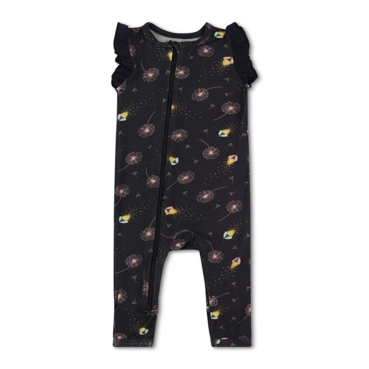 Baby romper with flutter sleeves in a fireflies print, featuring dual front zippers for easy diaper changes.
