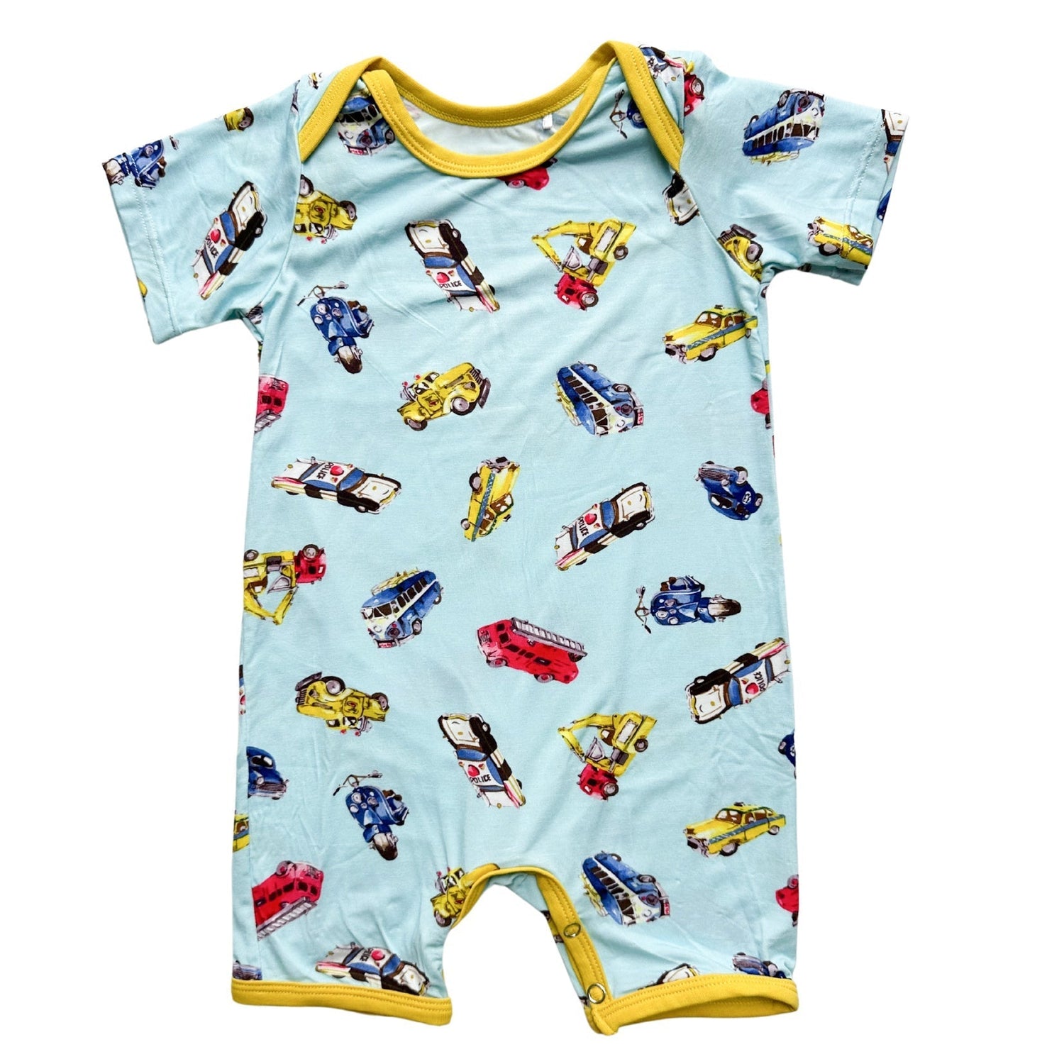 Baby shortall with a first responder theme in yellow, short legs, lap shoulders and leg snaps