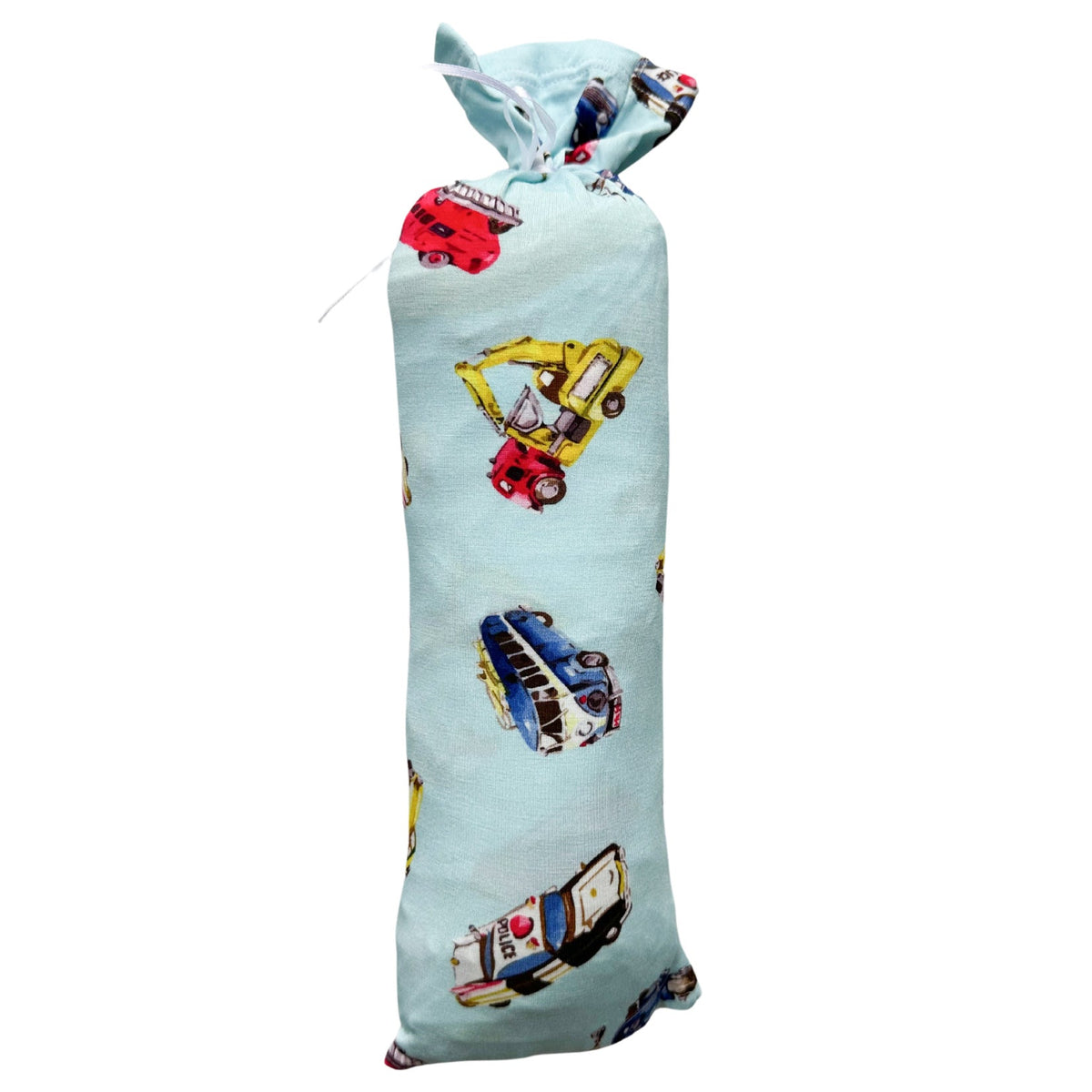 Swaddle blanket with a first responder themed print, shown spread out square