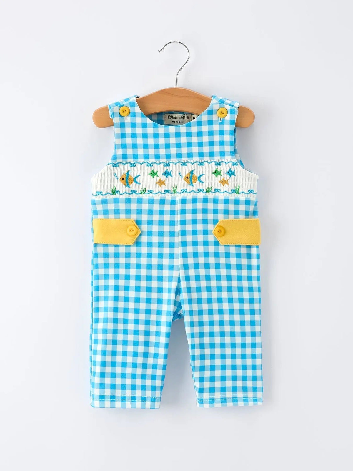 Rylee Faith Designs Fish Embroidery Smocking Plaid Baby Boy Romper - 
