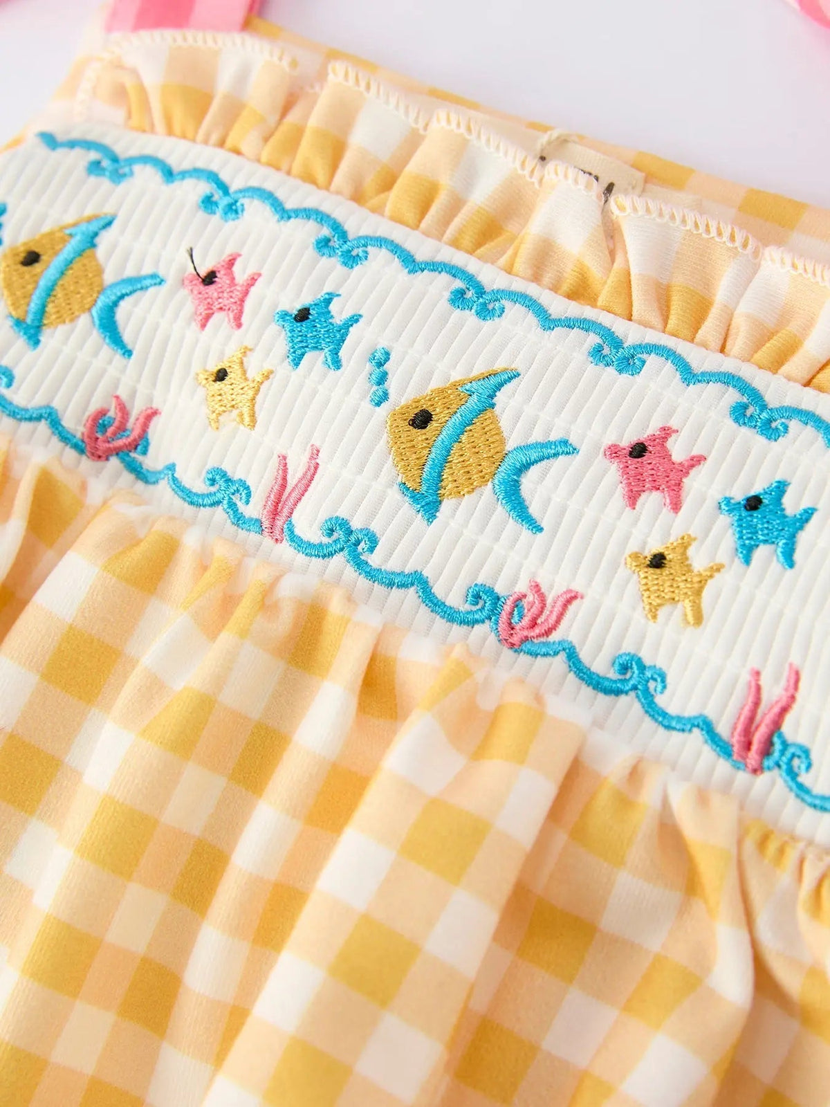 Rylee Faith Designs Baby Girl Romper With Fish Embroidery And Smocked Plaid For Special Occasions Rylee Faith Designs 