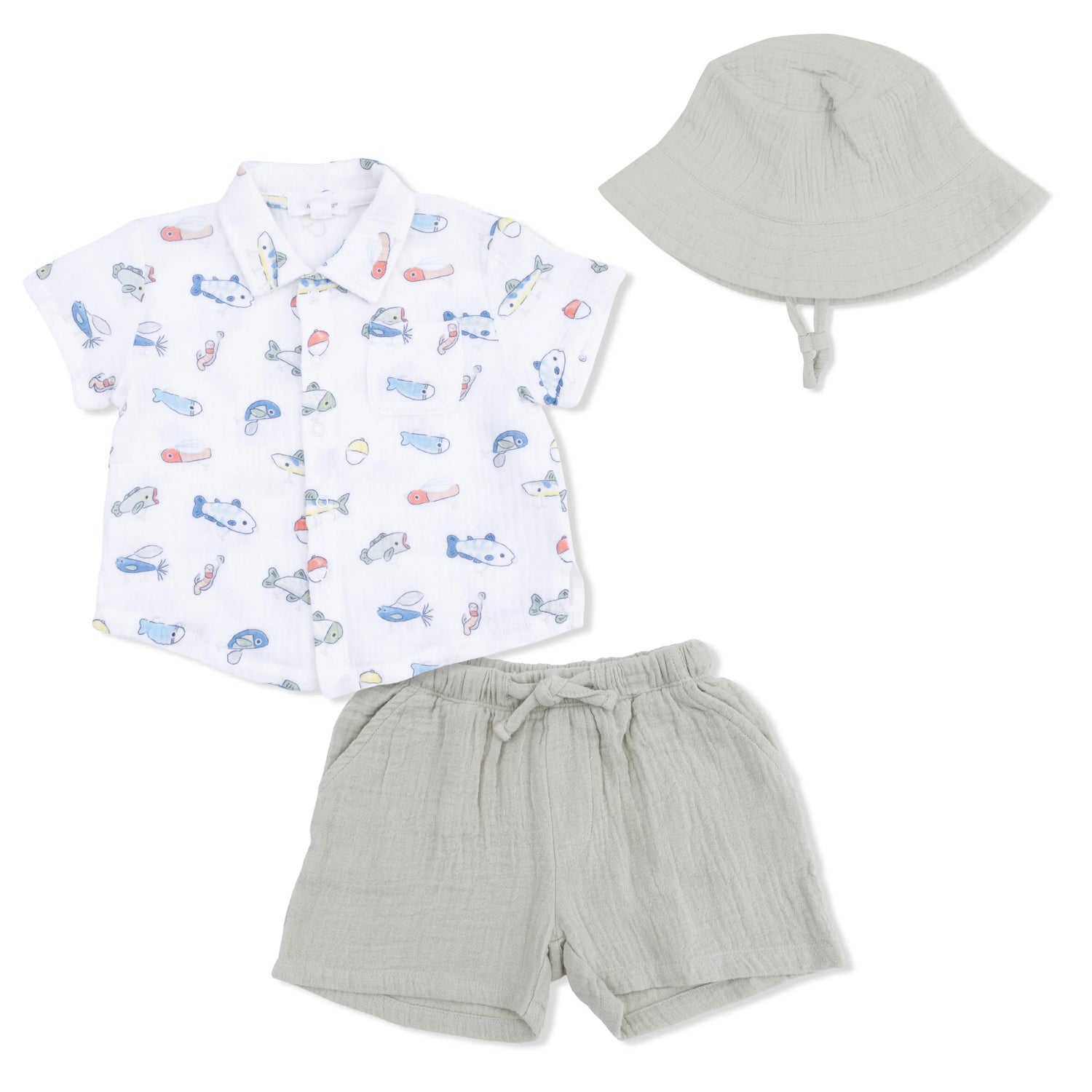 Angel Dear Fishing Lures - Polo Button Up with Casual Short & Bucket Hat - 