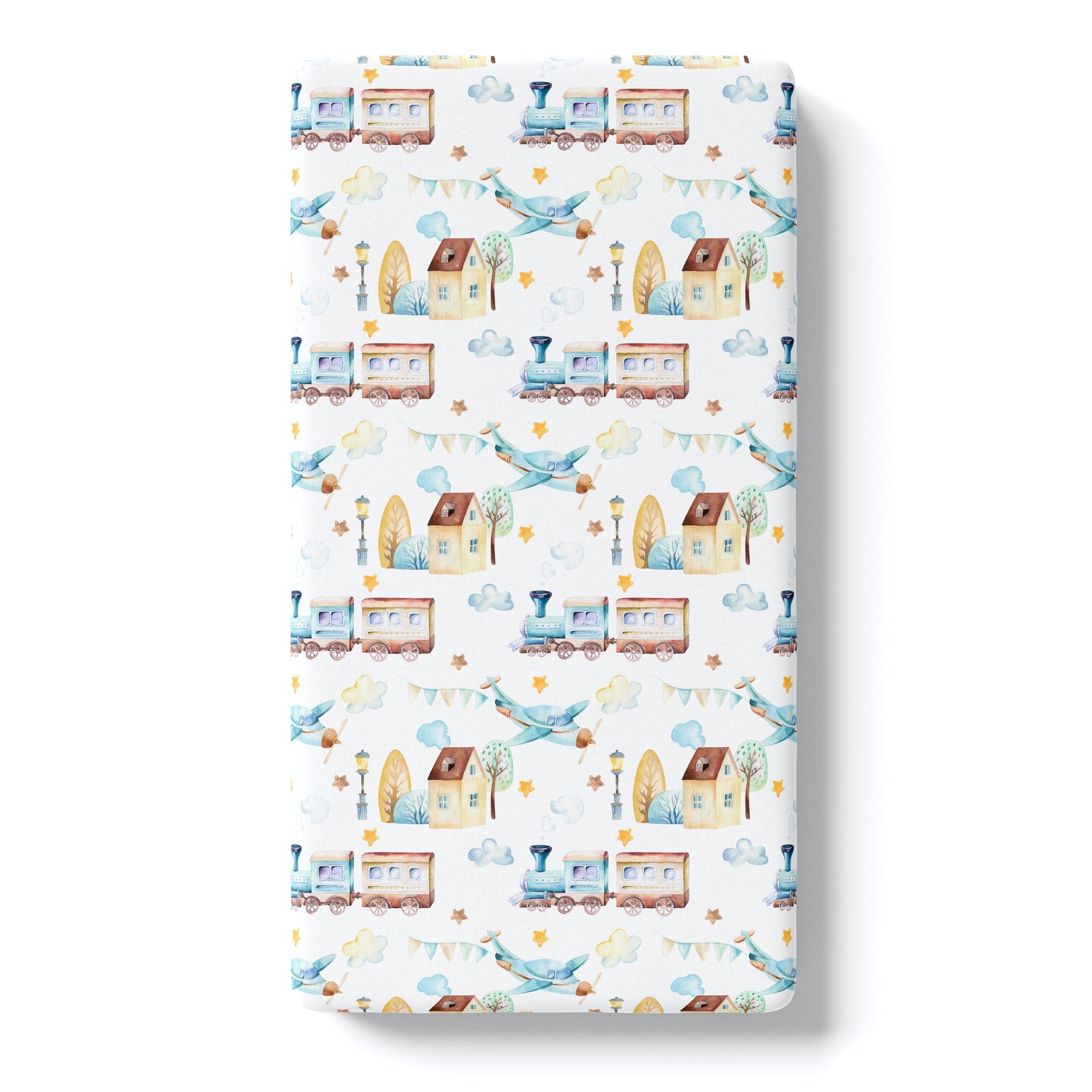 Honey Lemonade Cozy Fitted Crib Sheet with Airplane and Train Design for Babies - Baby & Toddler