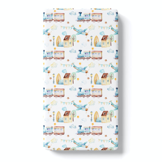 Fitted Crib Sheet Airplane And Train Theme Cozy Baby Bedding Honey Lemonade
