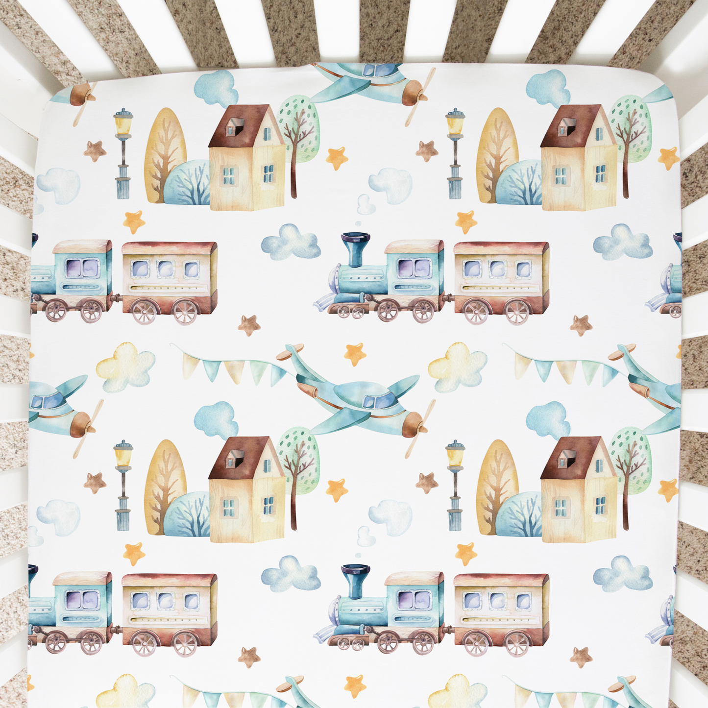 Fitted Crib Sheet Airplane And Train Theme Cozy Baby Bedding Honey Lemonade