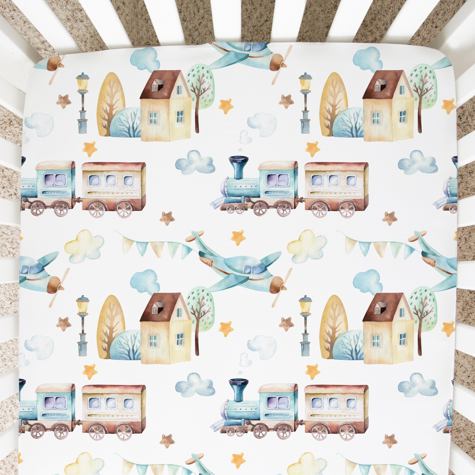 Fitted Crib Sheet Airplane And Train Theme Cozy Baby Bedding Honey Lemonade