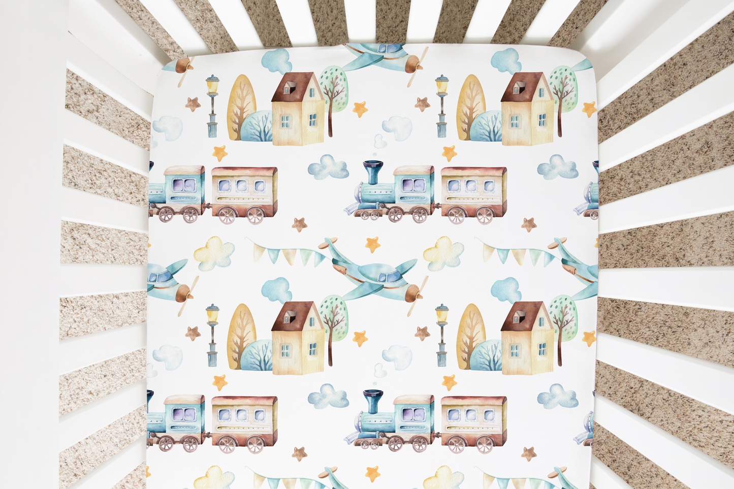 Fitted Crib Sheet Airplane And Train Theme Cozy Baby Bedding Honey Lemonade